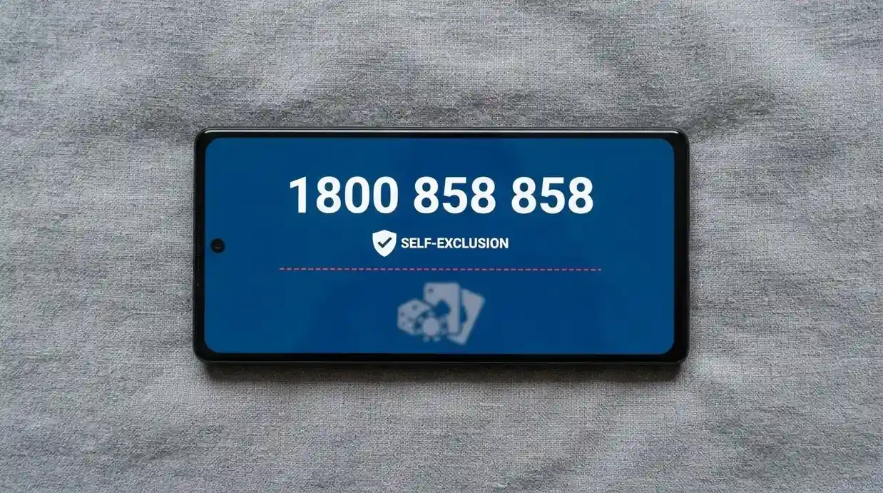 A phone screen showing the 1800 858 858 helpline number and the BetStop logo, with a dashed red line crossing out an offshore casino logo beneath to show the disconnect