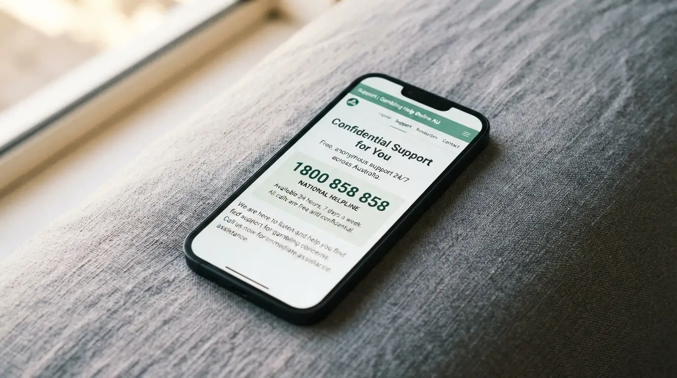 A smartphone displaying the Gambling Help Online homepage with the 1800 858 858 helpline number visible