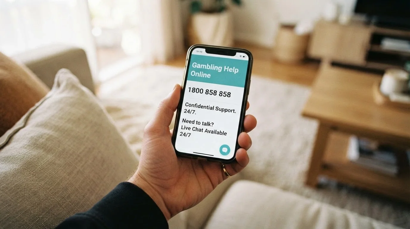 A close-up of a smartphone showing the Gambling Help Online homepage with the 1800 858 858 helpline number prominently displayed