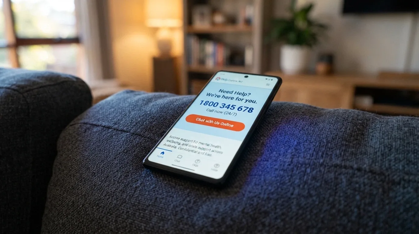 A smartphone showing the Gambling Help Online homepage with the 1800 858 858 number and a chat-now button prominently displayed
