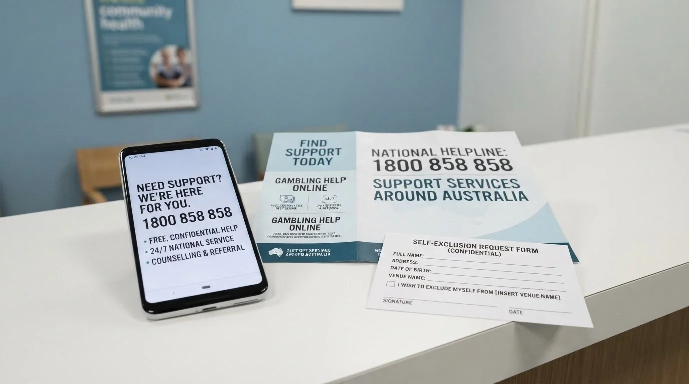 A helpline phone number displayed prominently beside a self-exclusion form and a counselling service logo