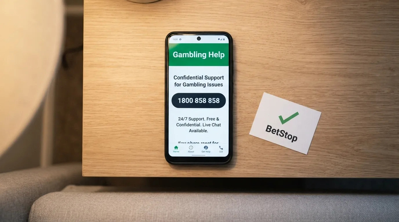 A smartphone screen showing the Gambling Help Online homepage alongside a BetStop registration confirmation, with the 1800 858 858 helpline number prominent