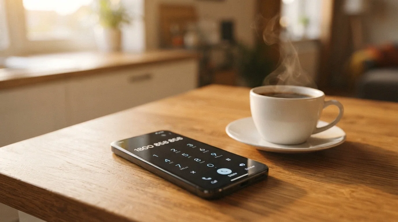 A close-up of a phone keypad with 1800 858 858 partially dialled, beside a cup of coffee, on a wooden table in soft morning light