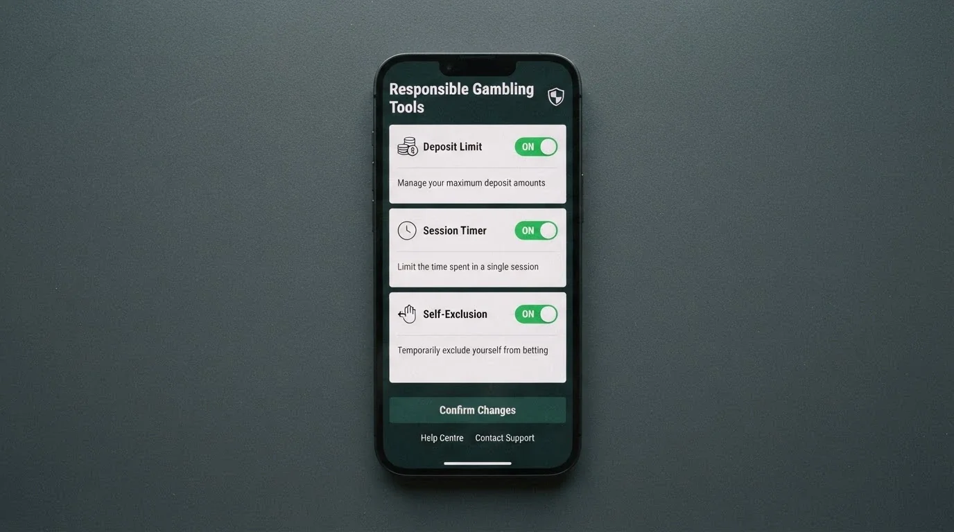 An Android phone displaying a responsible gambling settings panel with deposit limit, session timer and self-exclusion toggles visible