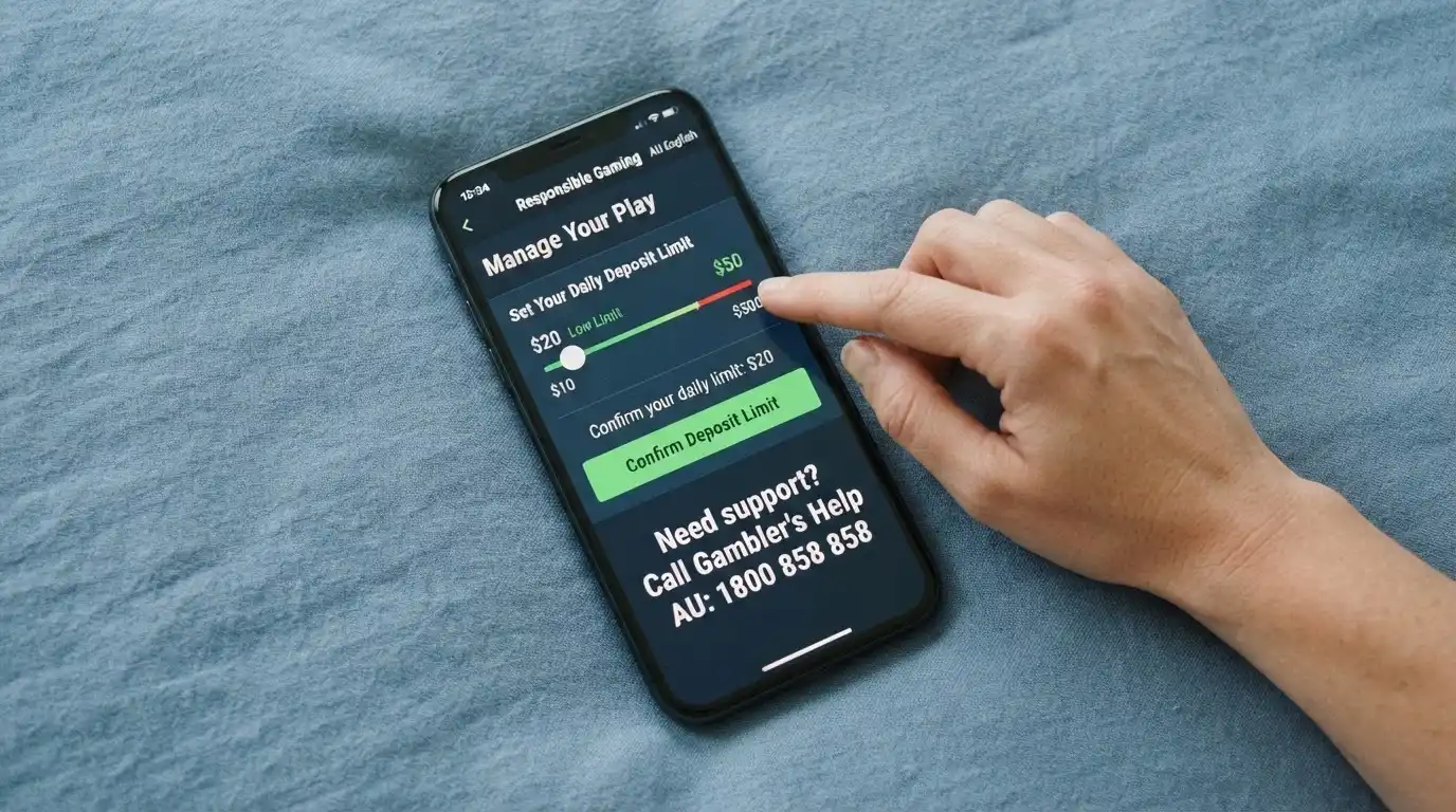 A calm, supportive visual of a self-exclusion interface with a deposit-limit slider set at $10, alongside the 1800 858 858 helpline number displayed prominently