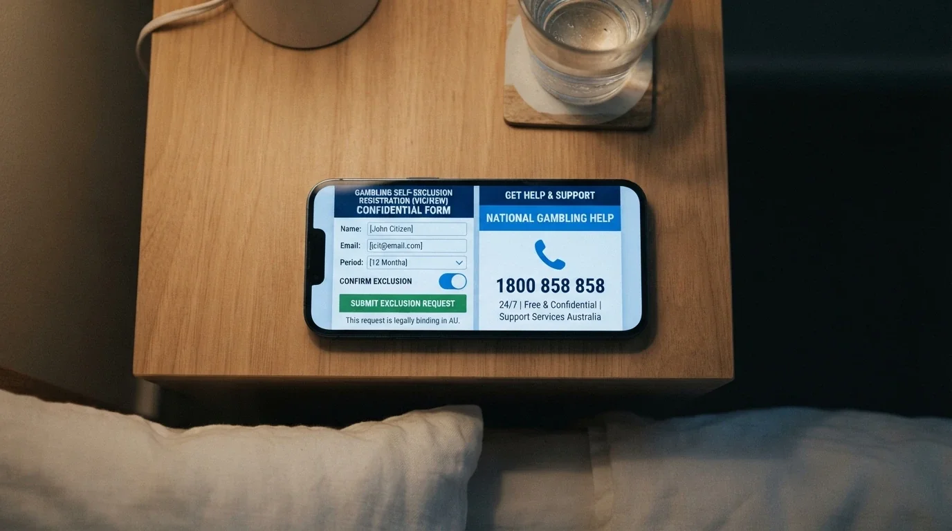 A smartphone screen displaying the BetStop registration page alongside a Gambling Help Online resource page