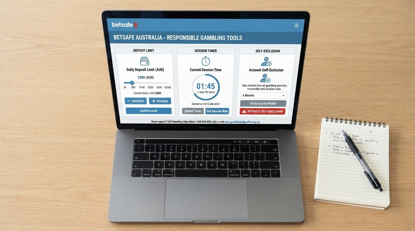A dashboard screen showing deposit limit controls, session timer and a self-exclusion activation button with a BetStop reference
