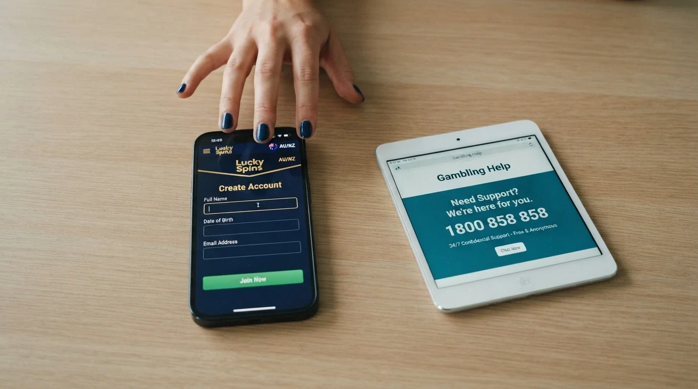 A hand hovering over a smartphone showing a casino sign-up screen, paused mid-decision, with a Gambling Help Online chat window and the 1800 858 858 number visible on a second device beside it