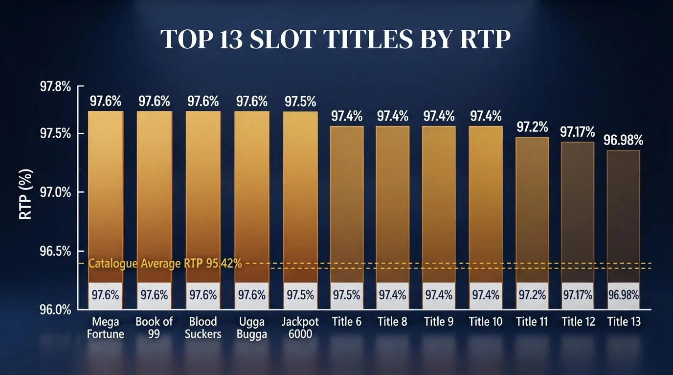 A bar chart comparing the RTP percentages of the highest-paying 1spin4win pokies, with Mighty Red and Brumby's 243 at the top at 97.6%