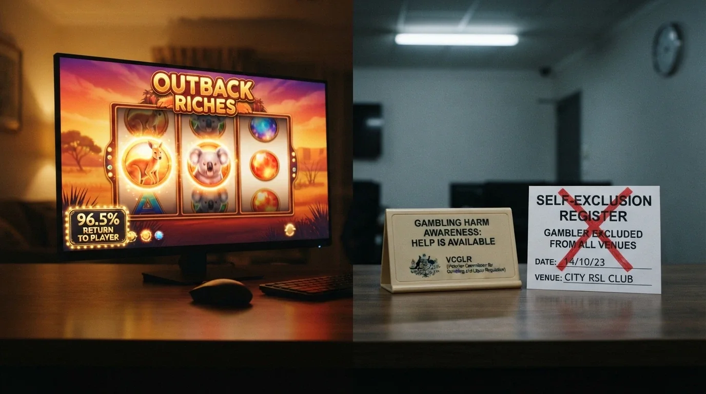 A split visual: on one side a pokie screen showing a 96.5% RTP badge, on the other an empty complaints desk with an ACMA sign and a crossed-out BetStop logo