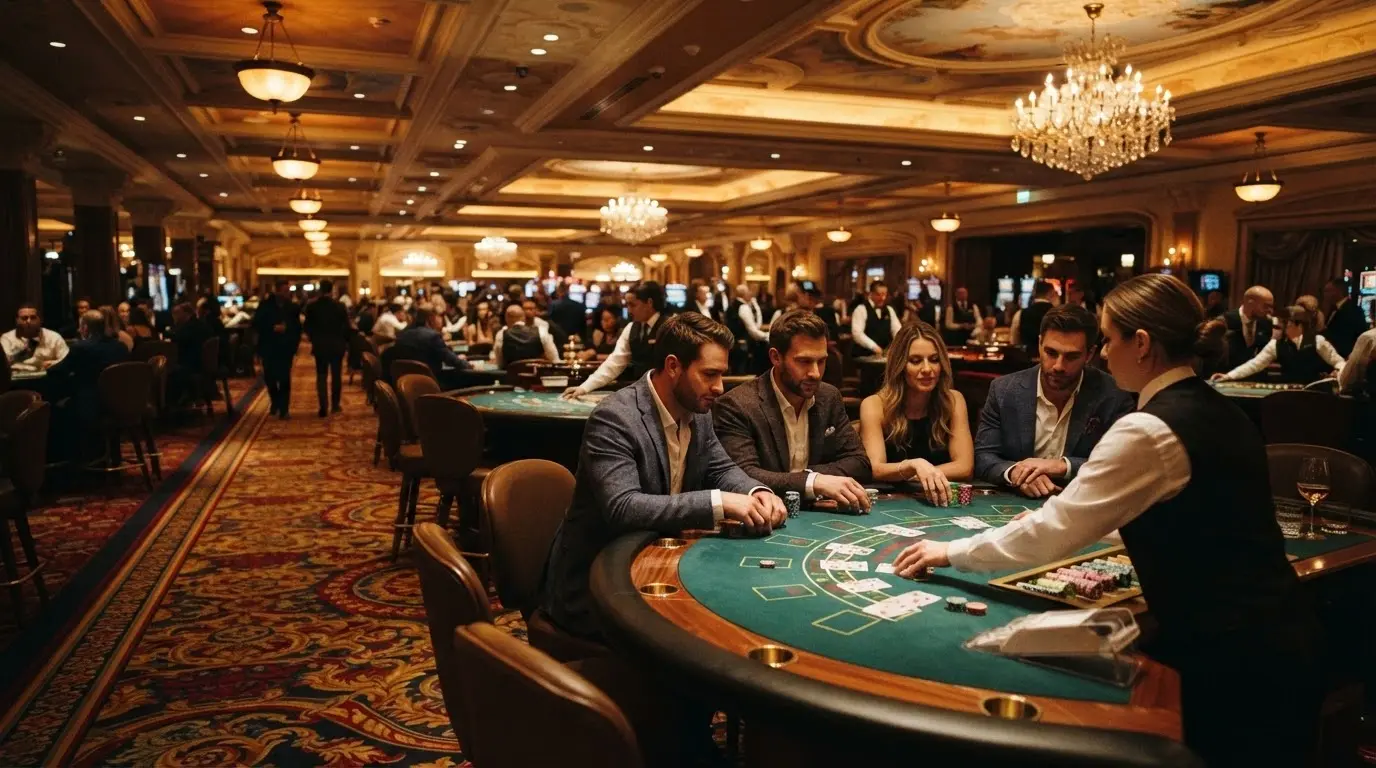 Rows of blackjack and roulette tables spread across the main gaming floor under warm chandelier light, players seated at the felt
