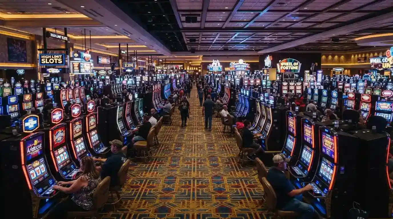 Rows of brightly lit gaming machines stretching across the casino floor, digital reels spinning, the carpet and ceiling reflecting the scale of the 1,000-plus-machine installation