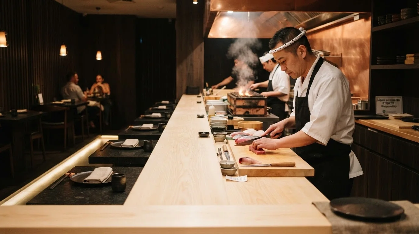 The dining room at Sokyo, The Star Brisbane's signature Japanese restaurant, with the open kitchen and sushi counter