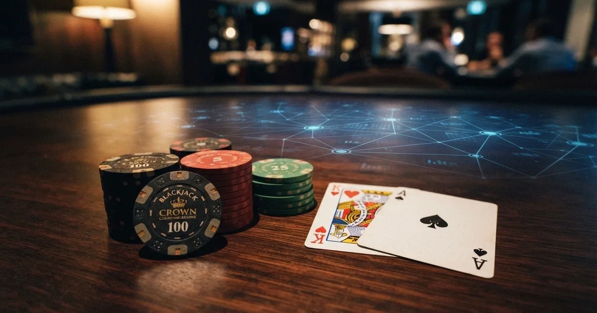 A digital illustration showing the Solana blockchain logo beside casino chips and playing cards on a dark gradient background