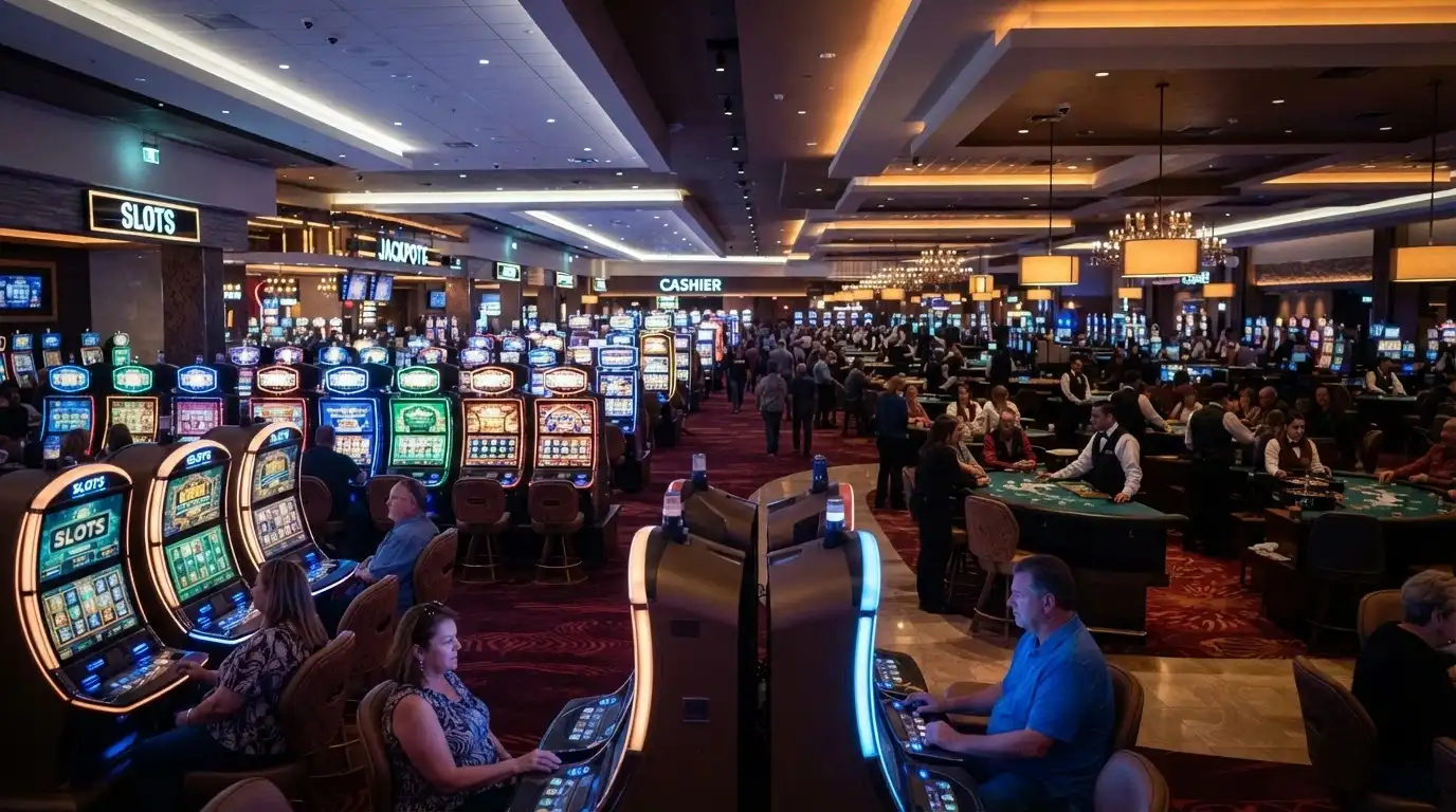 Rows of electronic gaming machines on the main casino floor at The Star Brisbane, with the table-games pit visible beyond