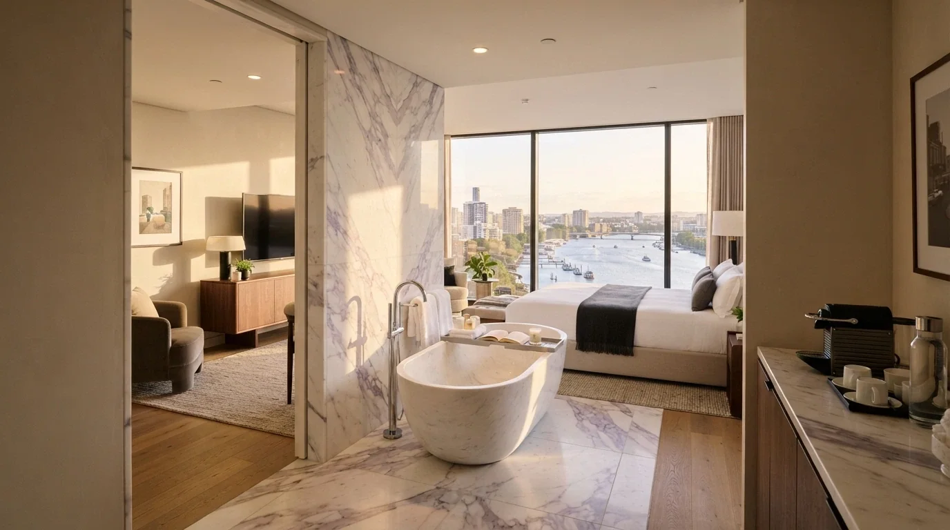 A premium suite inside The Star Grand, showing the Calacatta Viola marble bathroom, 55-inch screen and river-facing window