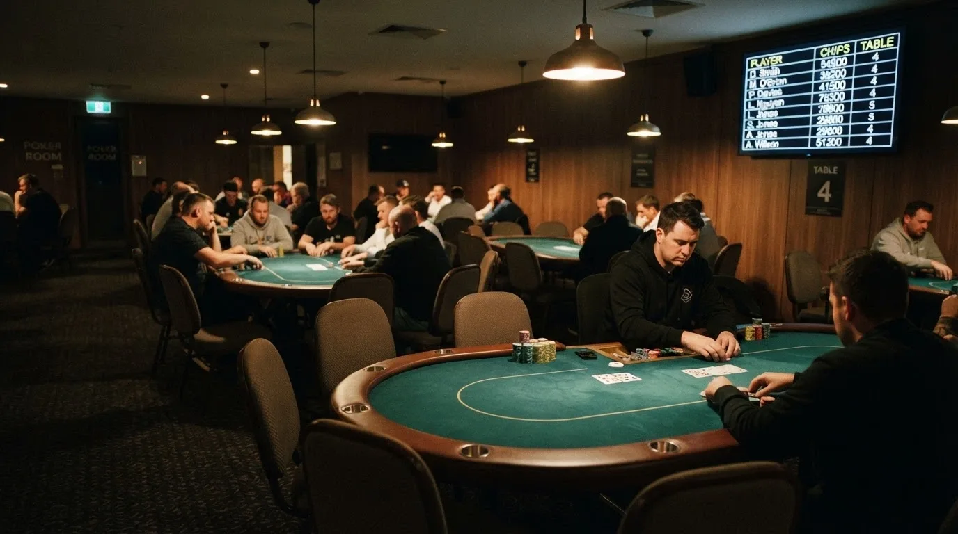 The dedicated poker room at The Star Brisbane, with cash-game tables under low lighting and a tournament board on the wall