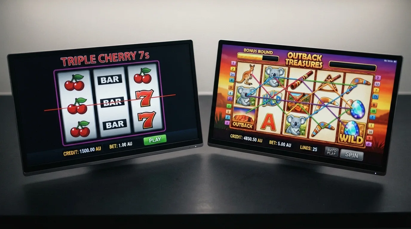 A side-by-side comparison of a three-reel pokie screen with a single payline and a five-reel video slot showing multiple bonus symbols