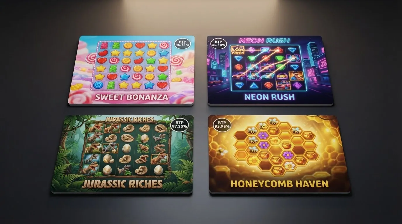 A gallery-style layout of four to six 7-reel pokie title cards showing Sugar Rush 1000, Frenzy Clusters, Jurassic Party and Honey Rush with their RTP badges visible