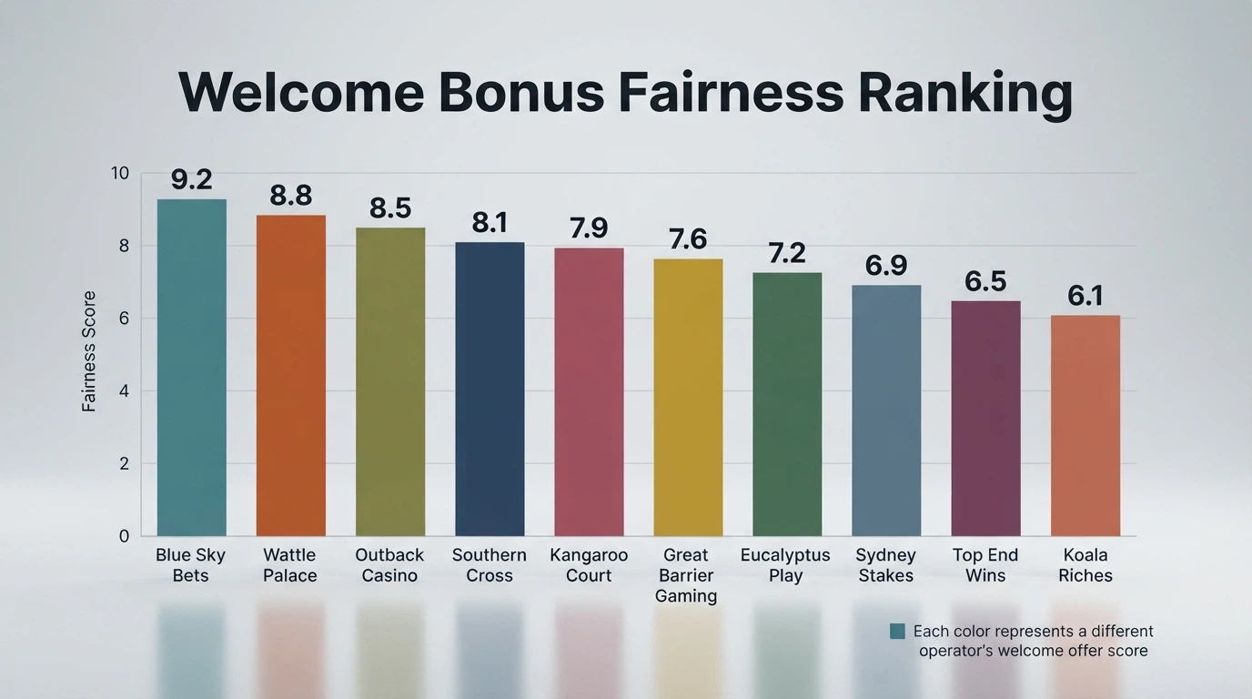 A comparison chart ranking ten casino welcome bonuses by wagering fairness, bonus-only status and total playthrough required