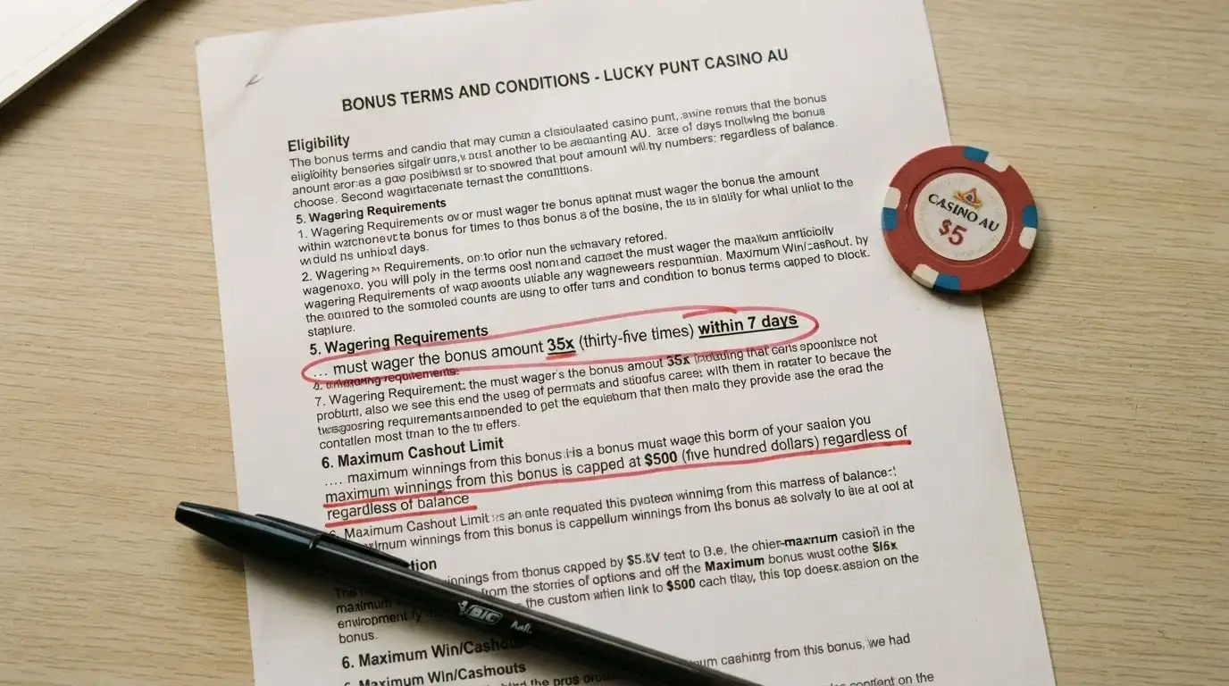 A close-up of bonus terms and conditions with the wagering requirement figure and cashout cap highlighted