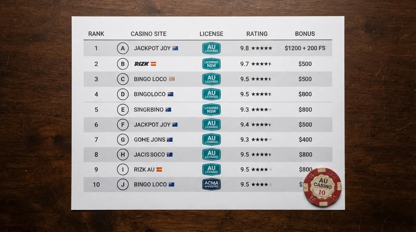A comparison table layout with casino logos, bonus amounts and licence badges arranged in ranked order