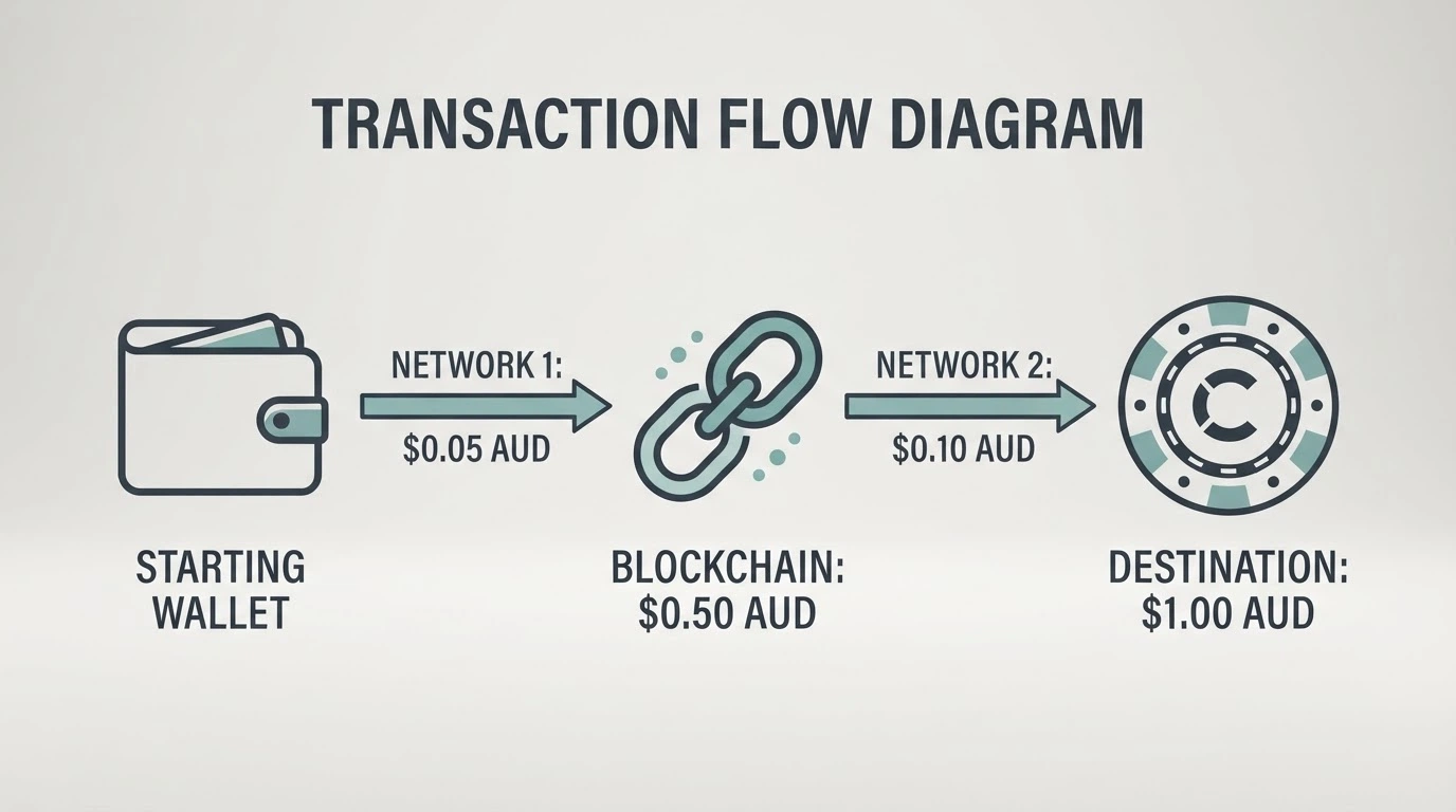 A diagram tracing the flow of USDT from an Australian crypto exchange wallet through blockchain confirmation to a casino balance
