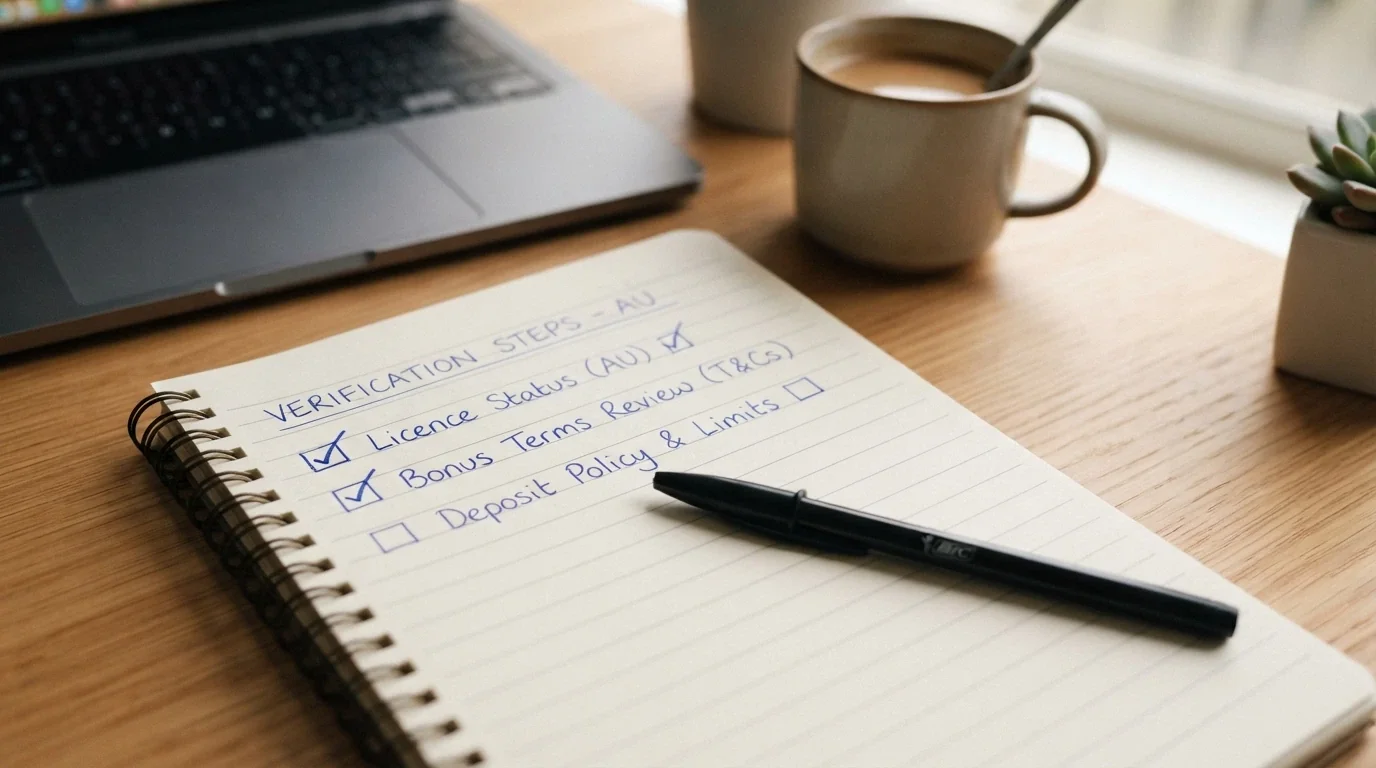 A notepad with a handwritten checklist of casino-verification criteria — licence status check, bonus terms review, PayID deposit policy — with two items already ticked off and a pen resting beside the pad.