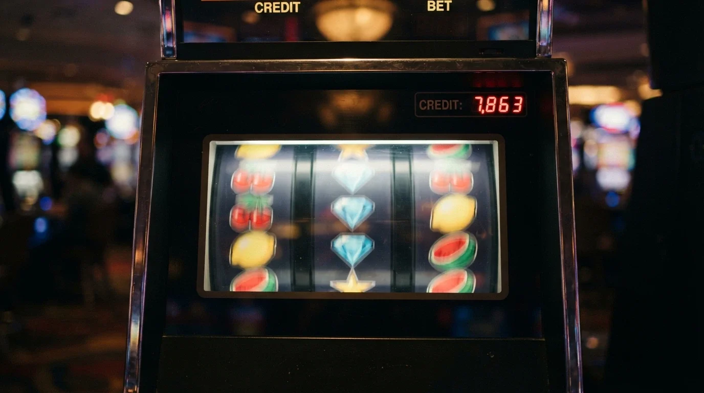 A close-up of spinning slot reels with a VIP loyalty-points counter ticking up in the corner, the machine branded with generic fruit and gem symbols rather than any specific title