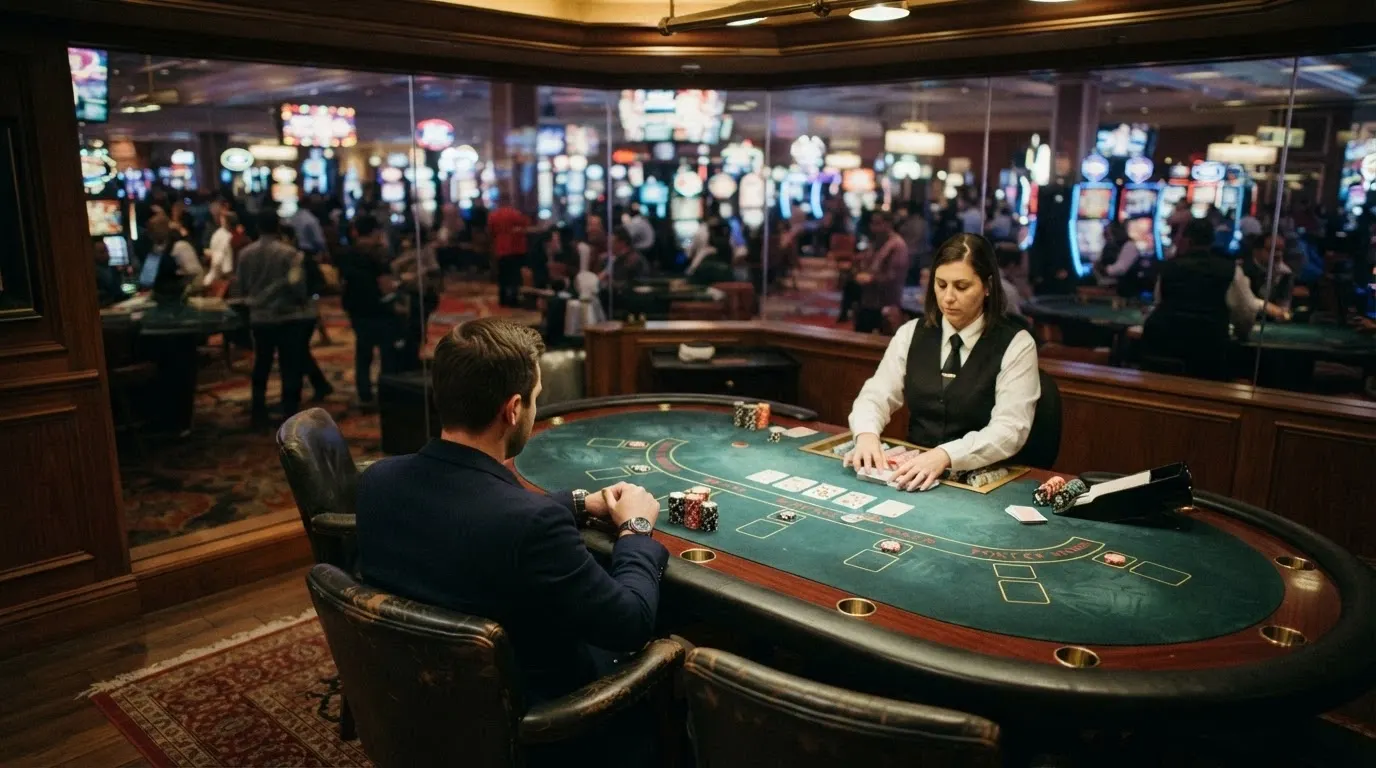 A digital casino lobby view split between a standard crowded slot grid and a private VIP table with one player, a dealer, and a dedicated-host chat window open