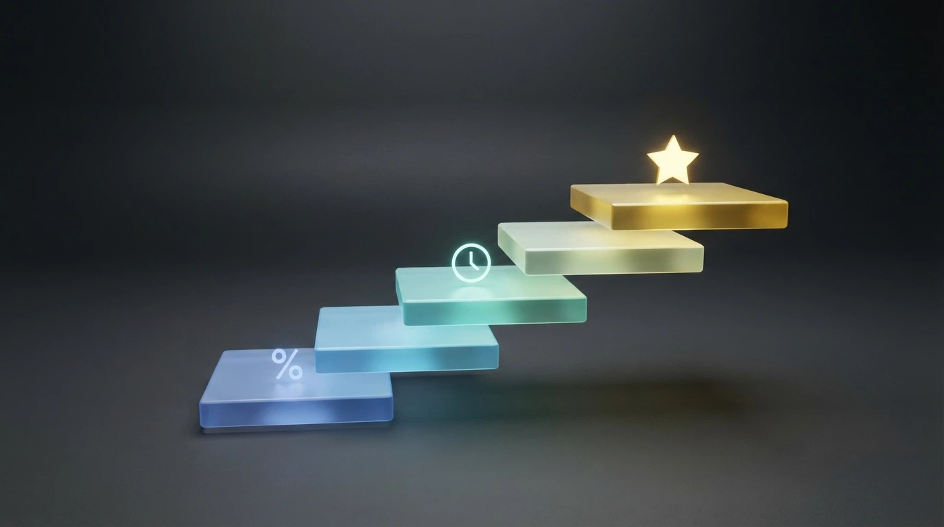 A ascending ladder or stepped pyramid graphic with five to six levels, each labelled with escalating benefit icons — a percentage symbol growing larger, a clock speeding up, a person icon appearing at the middle tier