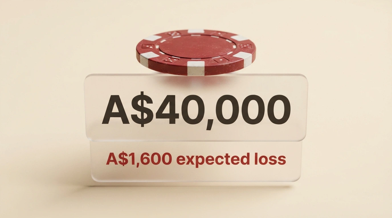 A stacked visual: a large A$1,000 bonus note on top, below it a much larger A$40,000 turnover requirement and a calculated A$1,600 expected-loss figure