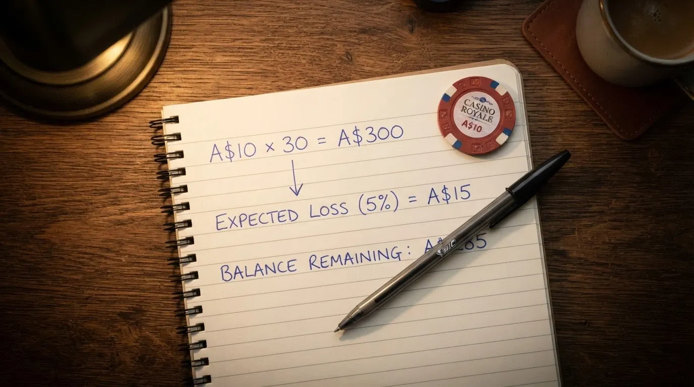 A calculator display showing how a A$10 bonus with 30x wagering becomes A$300 in required turnover before withdrawal