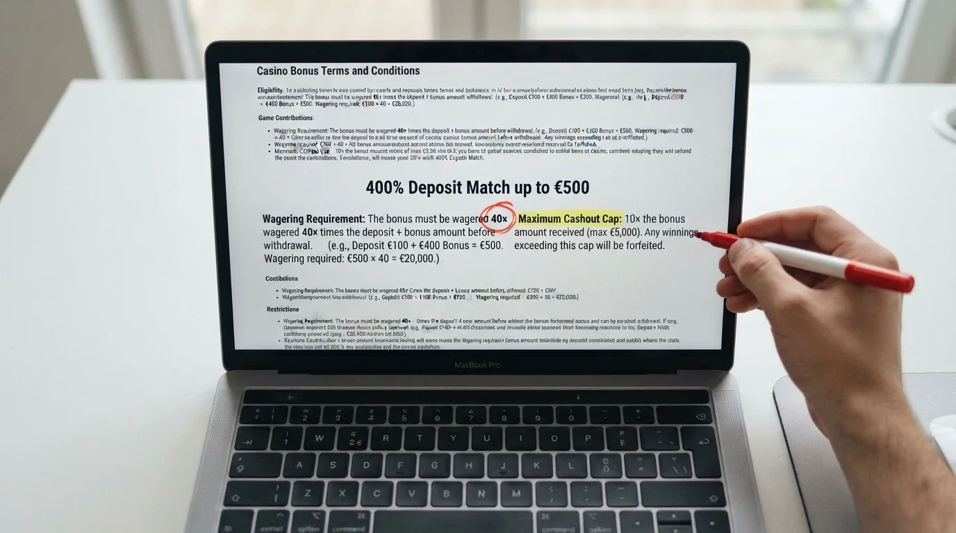 a close-up of bonus terms and conditions on a screen, with the wagering multiplier and max cashout figures circled