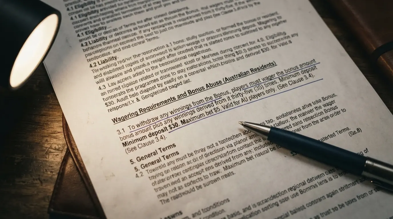 A close-up of casino bonus terms and conditions with wagering requirements underlined in the small print