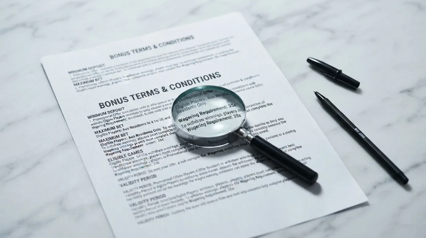 A close-up of bonus terms and conditions text with a magnifying glass highlighting the wagering requirement figure, a calculator beside it