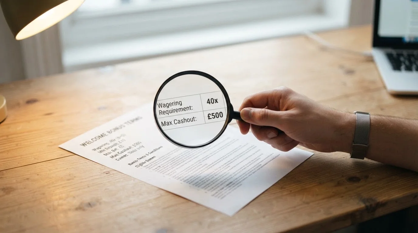 A magnifying glass over a casino bonus terms pop-up, highlighting the wagering-multiplier figure and the words “max cashout”