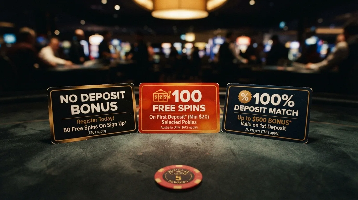 Three welcome-bonus offer cards laid out side by side showing no-deposit credit, free spins and deposit-match labels with key terms beneath each
